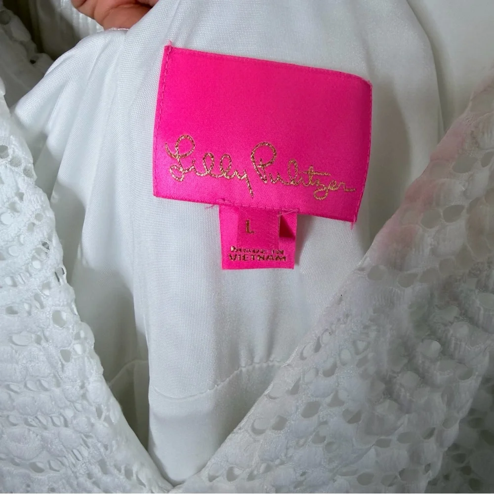 LILLY PULITZER FAYE V-NECK LACE RUFFLE DRESS RESORT WHITE SCALLOPED SHELL LACE L - Picture 9 of 15